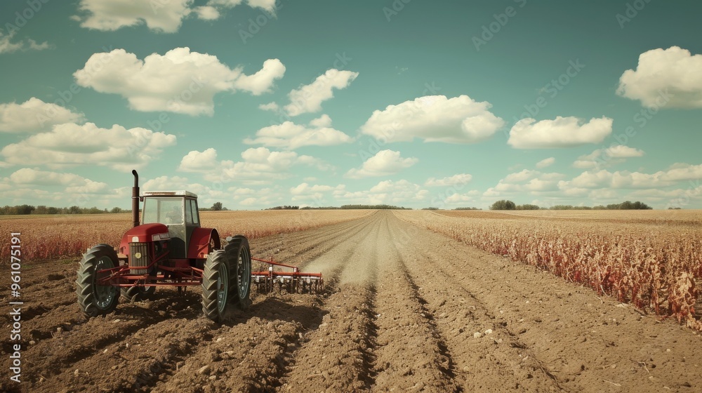 Fototapeta premium A classic red tractor is positioned in a vast, freshly plowed field. The expansive rural landscape under a bright blue sky with scattered clouds captures the essence of traditional agriculture and
