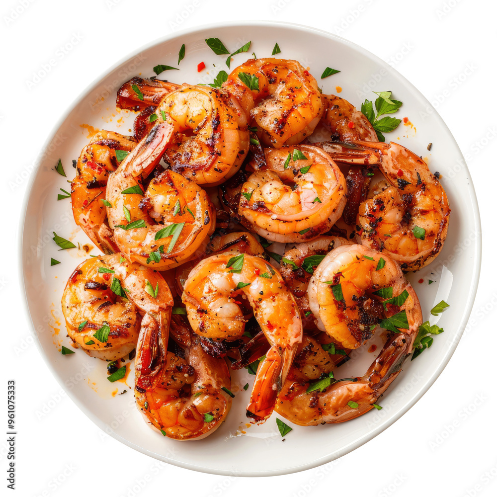 grilled shrimp in a plate top view isolated on transparent white background, clipping path grilled shrimp in a plate top view isolated on transparent white background, clipping path