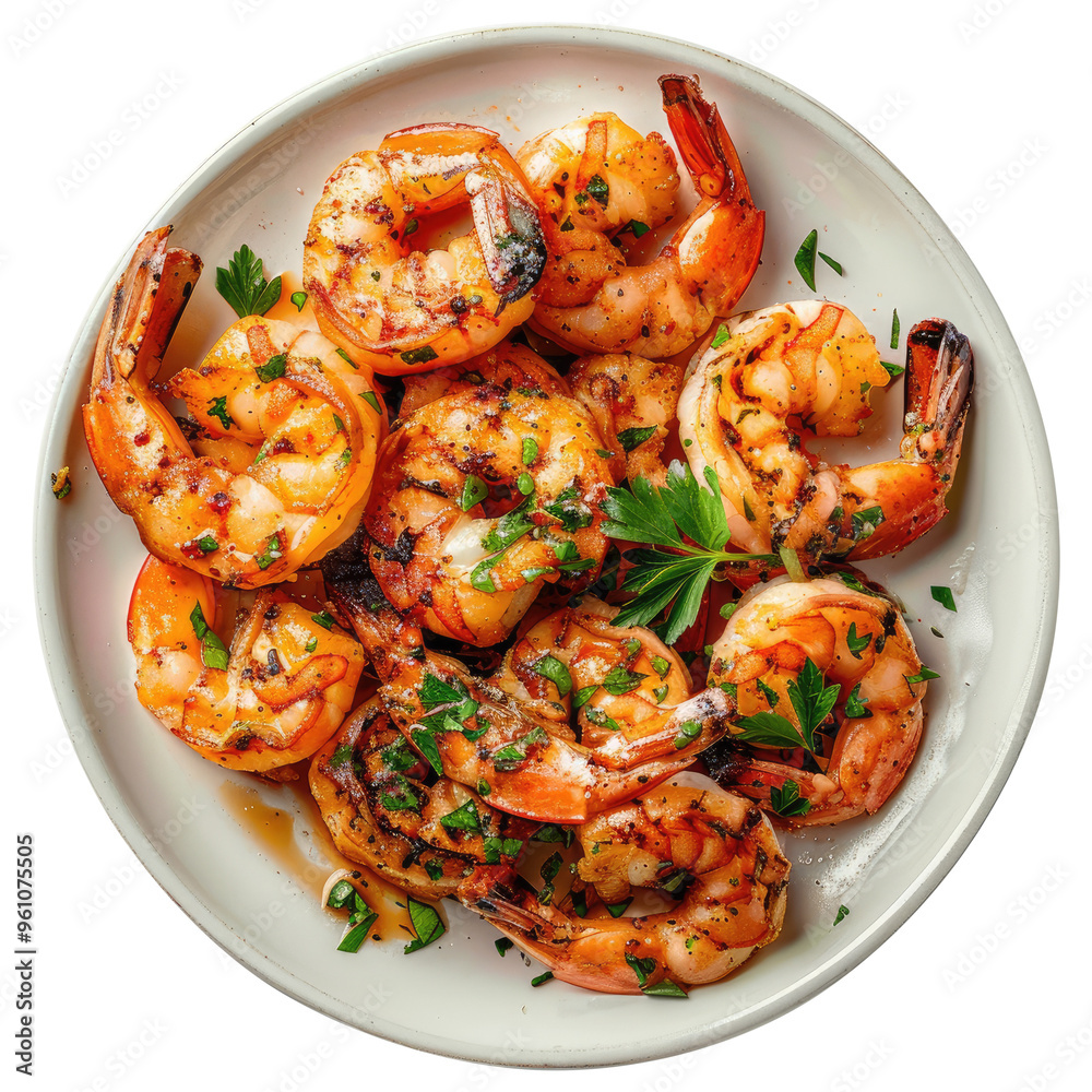 grilled shrimp in a plate top view isolated on transparent white background, clipping path grilled shrimp in a plate top view isolated on transparent white background, clipping path