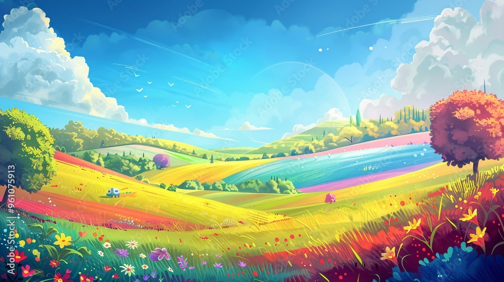 Fototapeta premium 57. Vibrant cartoon landscape for kids, featuring rainbow-colored fields, magical creatures, and a clear blue sky
