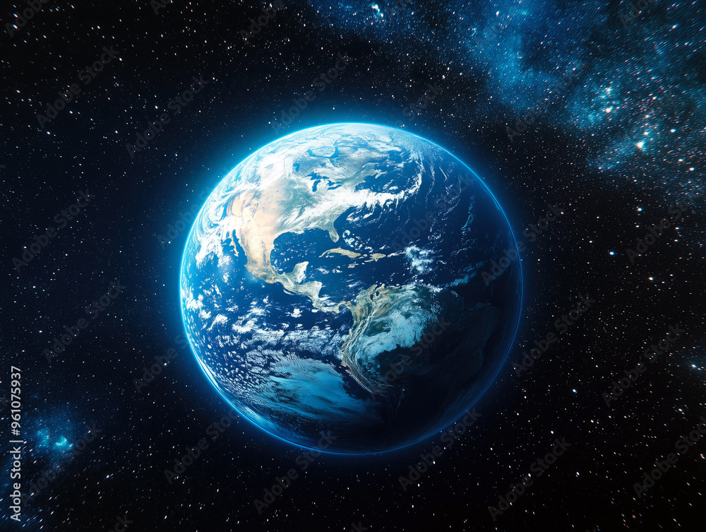 The earth is shining in the space surrounded by millions of stars The earth is shining in the space surrounded by millions of stars