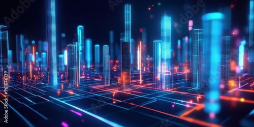 A futuristic cityscape with glowing neon lights, digital grid lines and particles, abstract 3D rendering, vibrant colors, technological concept, cyberpunk aesthetic