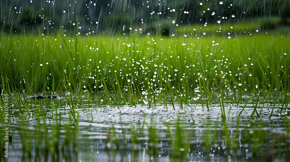 63. Rain droplets splashing onto verdant rice paddies, forming intricate ripples in the watery gaps between the plants, encapsulating the refreshing essence of a rural downpour 63. Rain droplets splashing onto verdant rice paddies, forming intricate ripples in the watery gaps between the plants, encapsulating the refreshing essence of a rural downpour