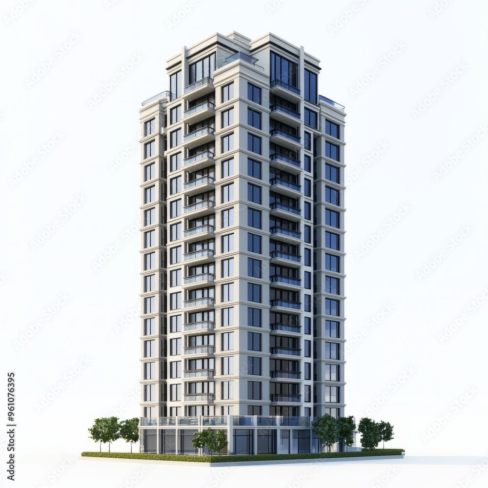 3D Render of a residential skyscraper with large windows and balconies, on isolated white background 3D Render of a residential skyscraper with large windows and balconies, on isolated white background
