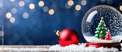 A red Christmas ornament and snow globe with snow covered Christmas trees and a star on top. photo