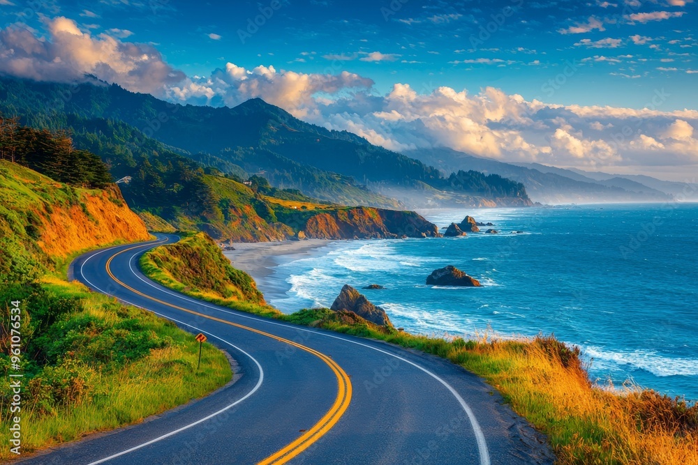 Scenic Coastal Highway with Rugged Cliffs and Ocean Waves Scenic Coastal Highway with Rugged Cliffs and Ocean Waves