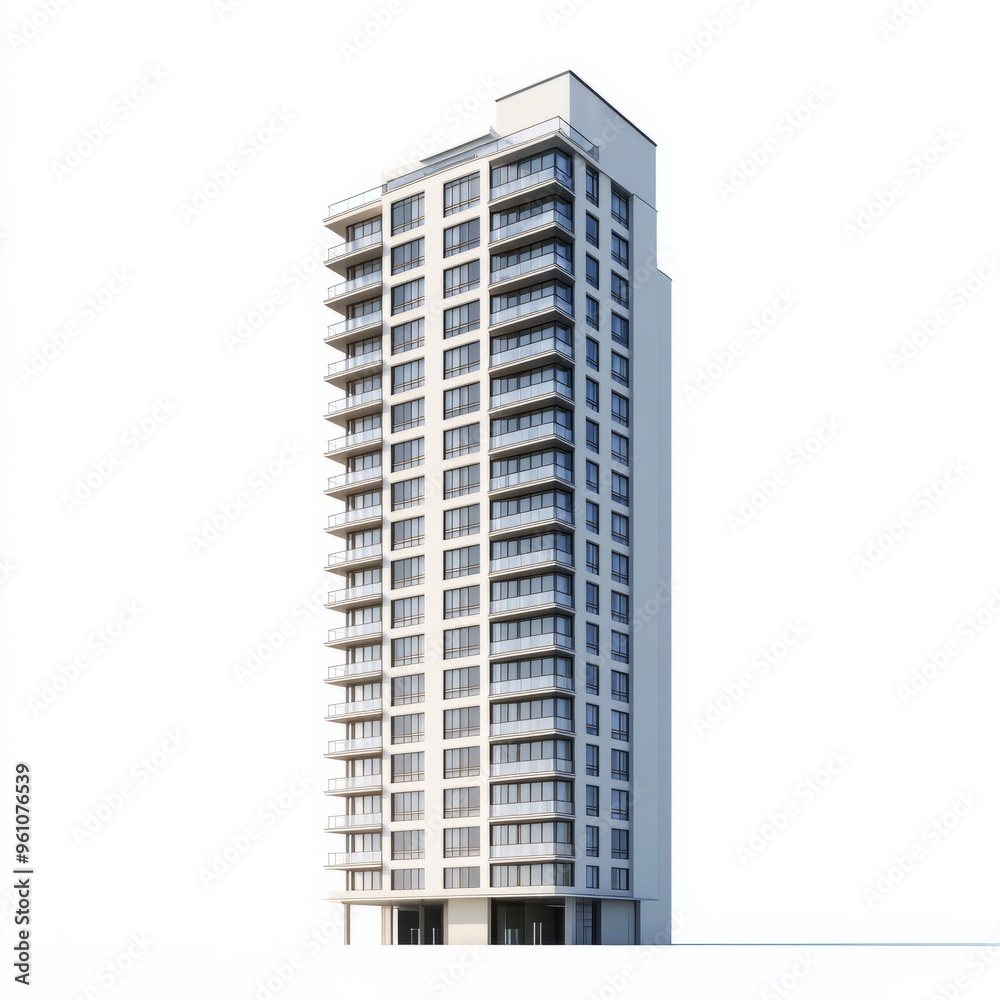 3D Render of a residential skyscraper with large windows and balconies, on isolated white background 3D Render of a residential skyscraper with large windows and balconies, on isolated white background
