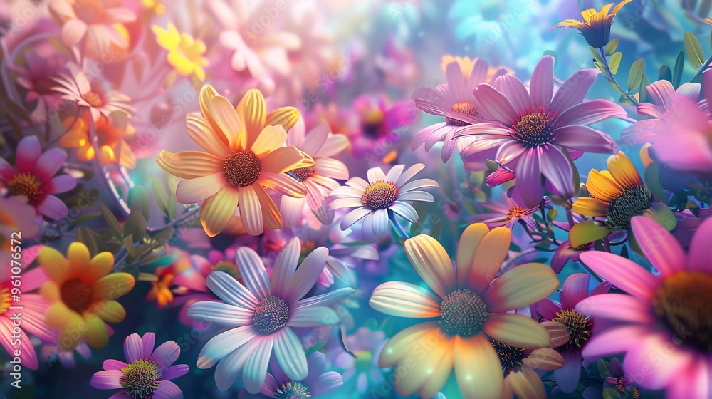 68. Animated 3D cartoon of joyful spring flowers, surrounded by a kaleidoscope of colors in a sunny summer garden 68. Animated 3D cartoon of joyful spring flowers, surrounded by a kaleidoscope of colors in a sunny summer garden