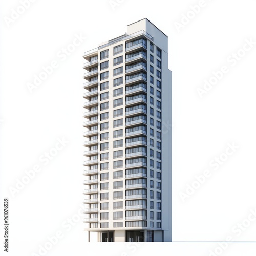 3D Render of a residential skyscraper with large windows and balconies, on isolated white background