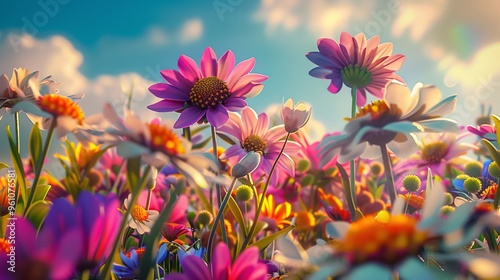 Fototapeta Naklejka Na Ścianę i Meble -  68. Animated 3D cartoon of joyful spring flowers, surrounded by a kaleidoscope of colors in a sunny summer garden