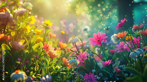 Fototapeta Naklejka Na Ścianę i Meble -  70. Lively 3D animation of spring flowers beaming with happiness, set against a background of a colorful summer garden bathed in sunlight