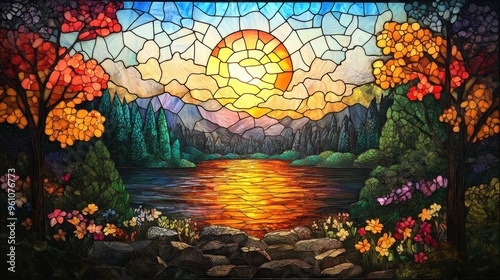 Ultra-realistic stained glass with a neoclassic Thai chicken, framed by a cinematic background of textured trees and flowers, modern style