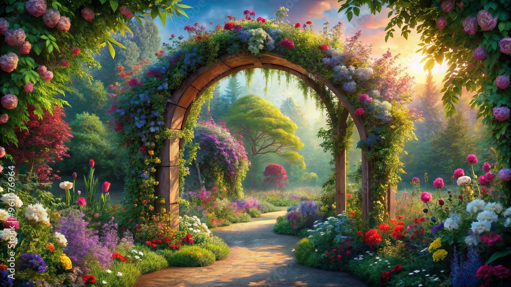 Enchanting secret garden with flower arches and colorful greenery, perfect for fairytales and daydreams Enchanting secret garden with flower arches and colorful greenery, perfect for fairytales and daydreams