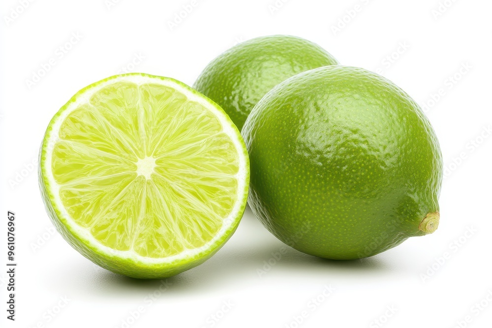 A fresh lime, whole and halved, showcasing its juicy interior. A fresh lime, whole and halved, showcasing its juicy interior.