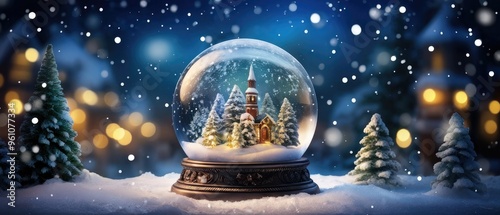 A snow globe with a church and a snow-covered landscape inside, on a snowy surface with trees and bokeh lights.