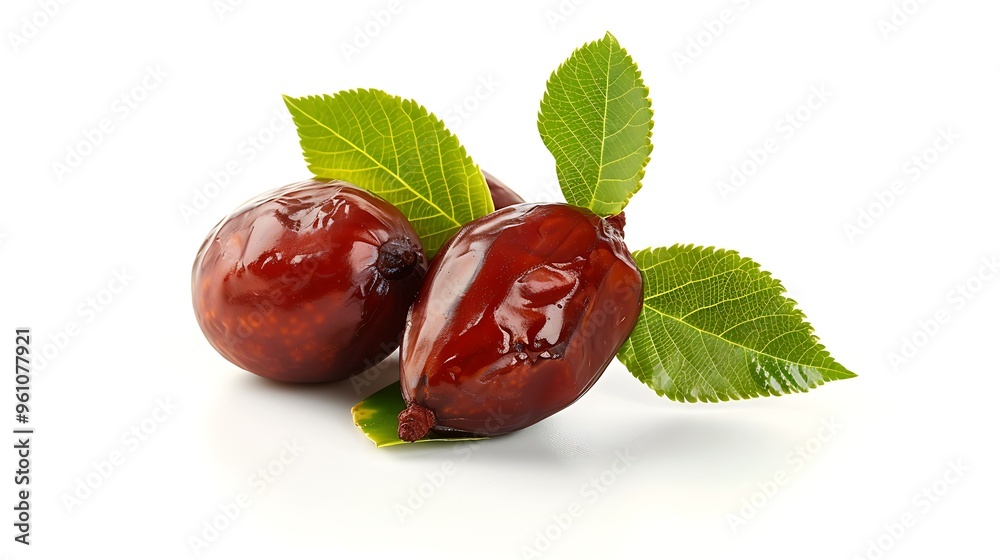 red Jujube with leaf fruit isolated on white background.