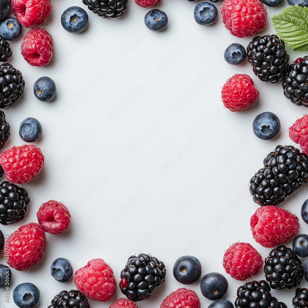 Fresh berries like raspberries, blackberries, and blueberries create vibrant frame, perfect for healthy and colorful presentation. Fresh berries like raspberries, blackberries, and blueberries create vibrant frame, perfect for healthy and colorful presentation.