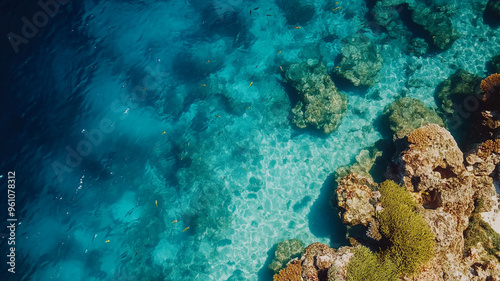 A stunning overhead view of vibrant coral reef, showcasing clear turquoise waters and diverse marine life. intricate rock formations and colorful corals create serene underwater landscape.
