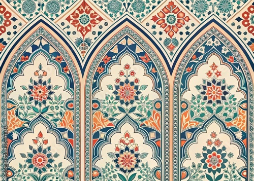 Delicate, Moorish-inspired arches and geometric shapes in shades of indigo, coral, and mint green create a mesmerizing pattern on a soft, cream-colored background.