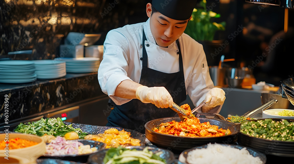 Korean Chef Cooking Authentic Cuisine Ingredients in Restaurant Kitchen