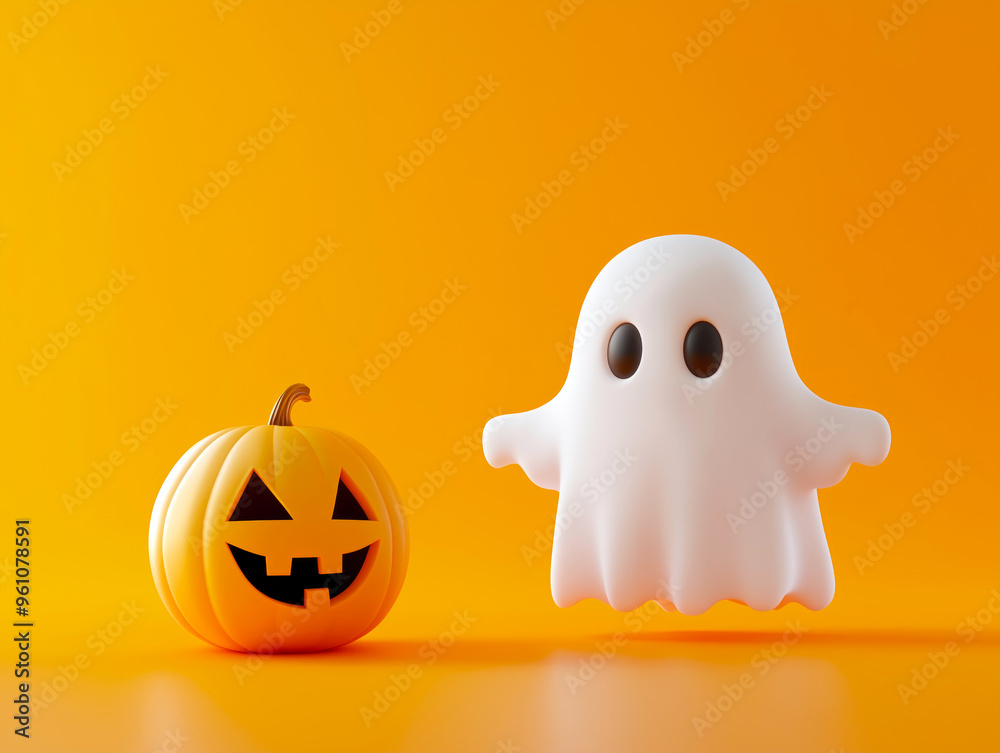 Halloween ghost floating next to a jack-o'-lantern on an orange background