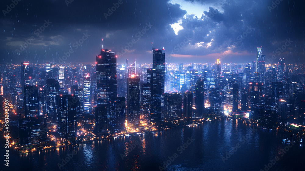 custom made wallpaper toronto digitalA vibrant cityscape at night, illuminated by lights reflecting on water, creates captivating atmosphere amidst rain.