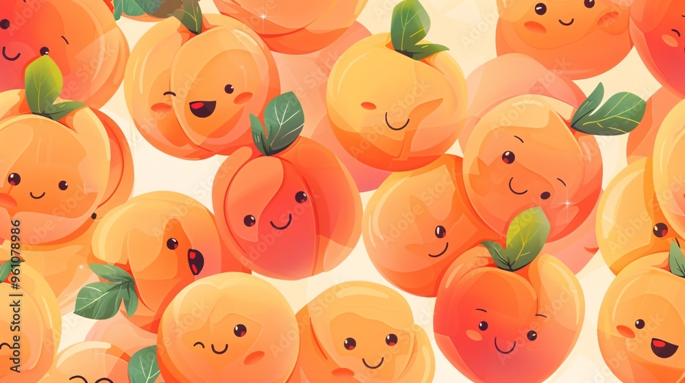 113. Playful and colorful seamless pattern of peach fruits with cute, kawaii faces, providing an abstract and cheerful background in vector format 113. Playful and colorful seamless pattern of peach fruits with cute, kawaii faces, providing an abstract and cheerful background in vector format