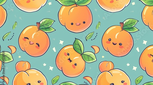 113. Playful and colorful seamless pattern of peach fruits with cute, kawaii faces, providing an abstract and cheerful background in vector format