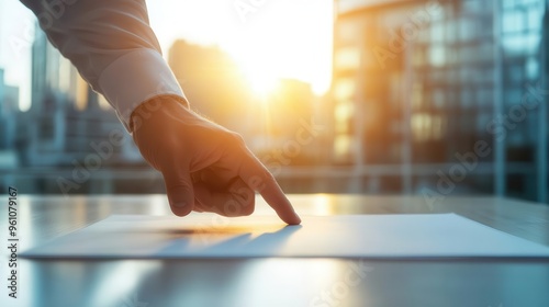 Executive s hand placing the final mark on a deal, sunlight filtering in, blurred urban office backdrop