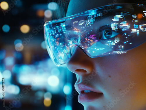 A close up of person wearing augmented reality glasses, showcasing futuristic digital interface reflected in lenses. scene conveys sense of wonder and innovation.