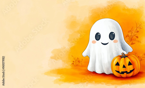 Watercolor  cute ghost  and halloween pumkin