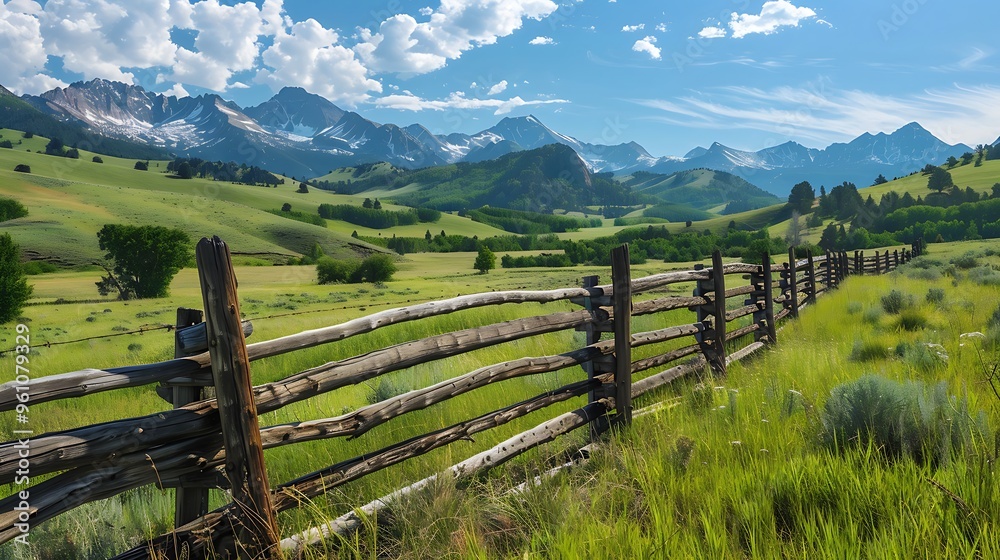 Great view with a rustic fence giving an overview of the rocky Mountains Great view with a rustic fence giving an overview of the rocky Mountains