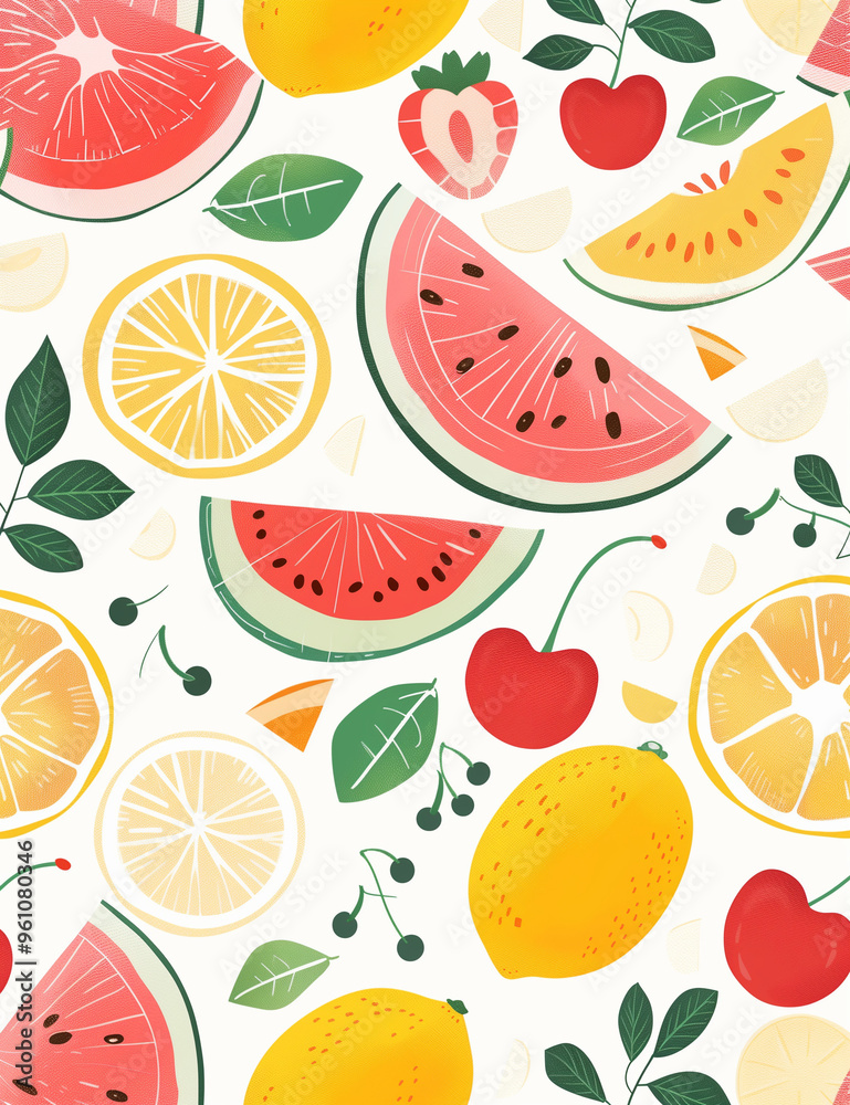 Vibrant and Colorful Fruit Illustration with Lemons and Watermelons Vibrant and Colorful Fruit Illustration with Lemons and Watermelons