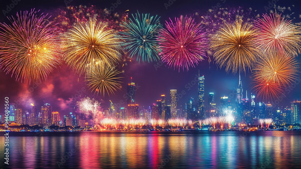Dramatic fireworks illuminate night sky over vibrant city skyline, creating stunning visual display reflected in water. Dramatic fireworks illuminate night sky over vibrant city skyline, creating stunning visual display reflected in water.