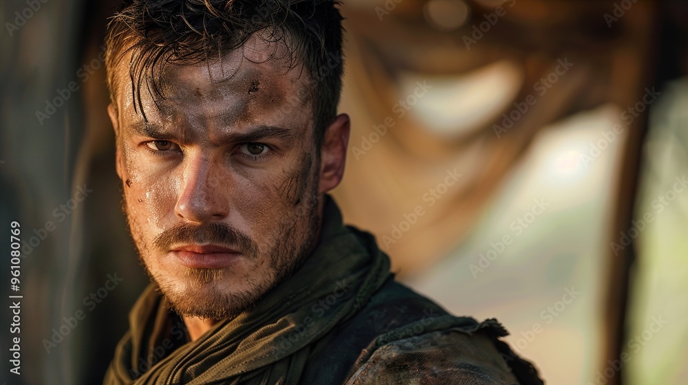 A young man with a determined expression stares intently at the camera, his face covered in dirt and grime. A young man with a determined expression stares intently at the camera, his face covered in dirt and grime.
