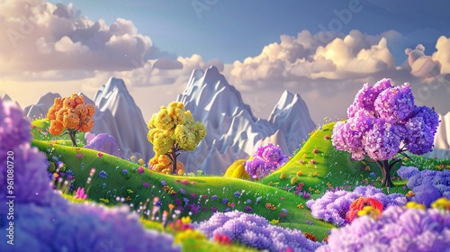 149. Vibrant 3D scene of an adorable cartoon world with purple mountains, colorful trees, and whimsical clouds, ideal for a dreamy and magical atmosphere