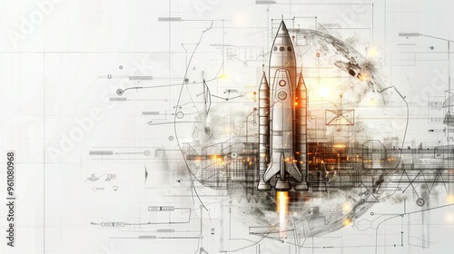 Fototapeta Naklejka Na Ścianę i Meble -  Spacecraft Launch with Technical Drawings