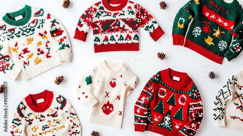 Ugly Christmas sweater patterns, quirky designs on white background, fun holiday wear photo