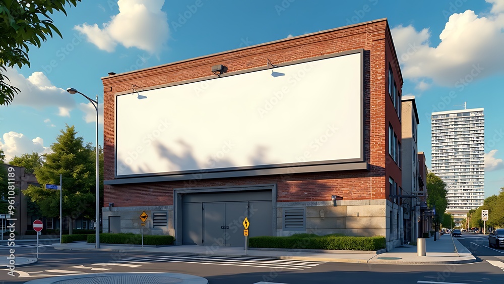 In an urban setting, a large horizontal billboard awaits advertising content, positioned in front of a building to catch the city's eye In an urban setting, a large horizontal billboard awaits advertising content, positioned in front of a building to catch the city's eye