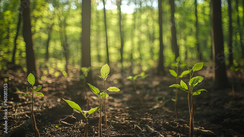 Young saplings are growing in forest, symbolizing regeneration and new life. sunlight filters through trees, creating serene atmosphere.