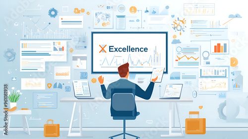 Business Professional Engages with Virtual Excellence Framework Indicating Superior Performance and Quality Metrics