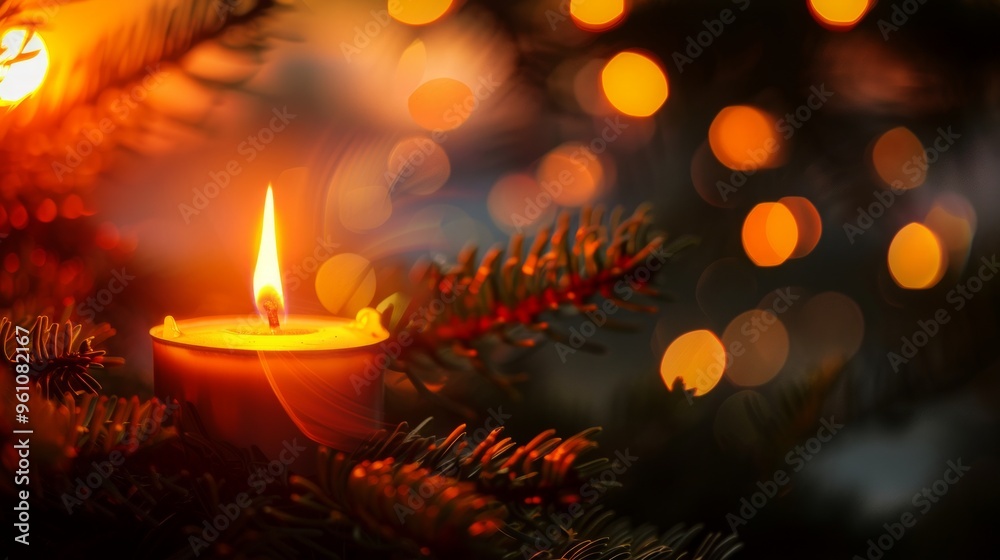 A Burning Candle on a Christmas Tree Branch A Burning Candle on a Christmas Tree Branch