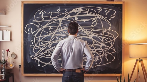 Business man looking for solution, understanding and clarity about complex problem, brainstorm