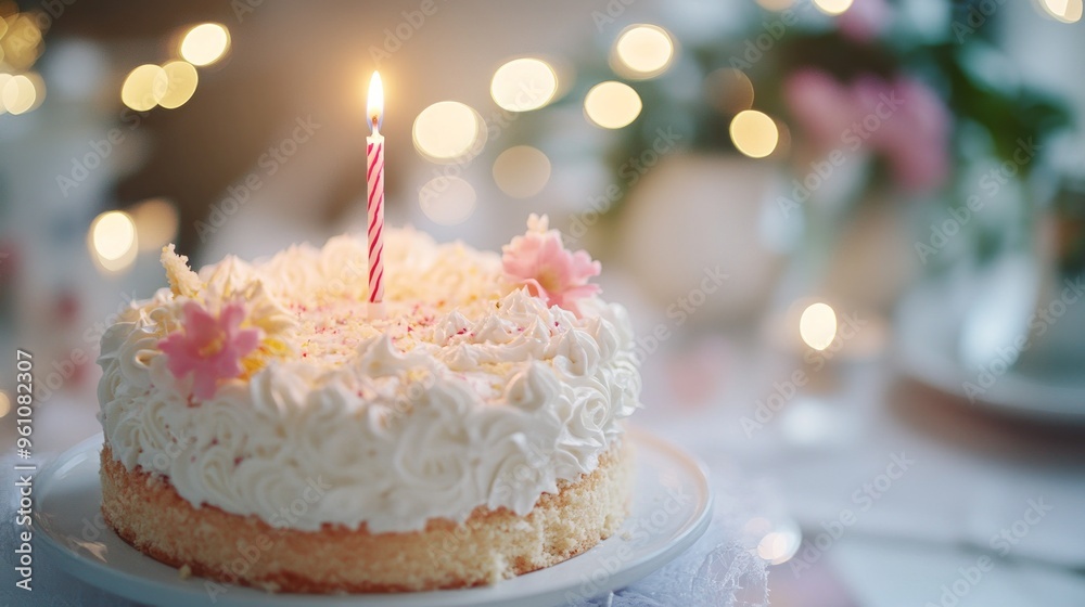 Birthday Cake with a Single Candle and Delicate Decorations Birthday Cake with a Single Candle and Delicate Decorations