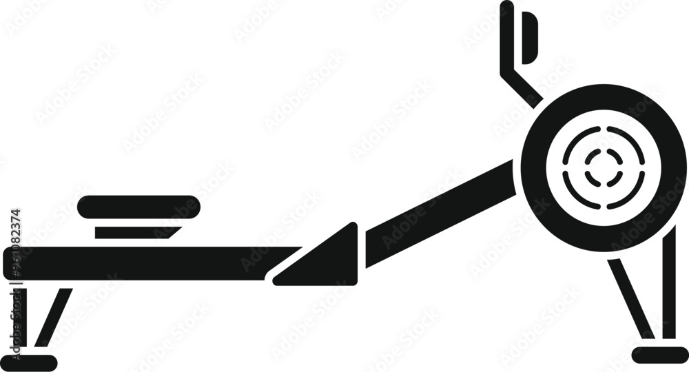 Black glyph icon depicting a rowing machine, a piece of gym equipment designed for indoor cardio workout Black glyph icon depicting a rowing machine, a piece of gym equipment designed for indoor cardio workout