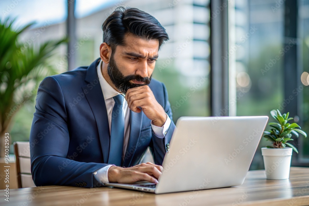 Businessman working on laptop in office setting Businessman working on laptop in office setting