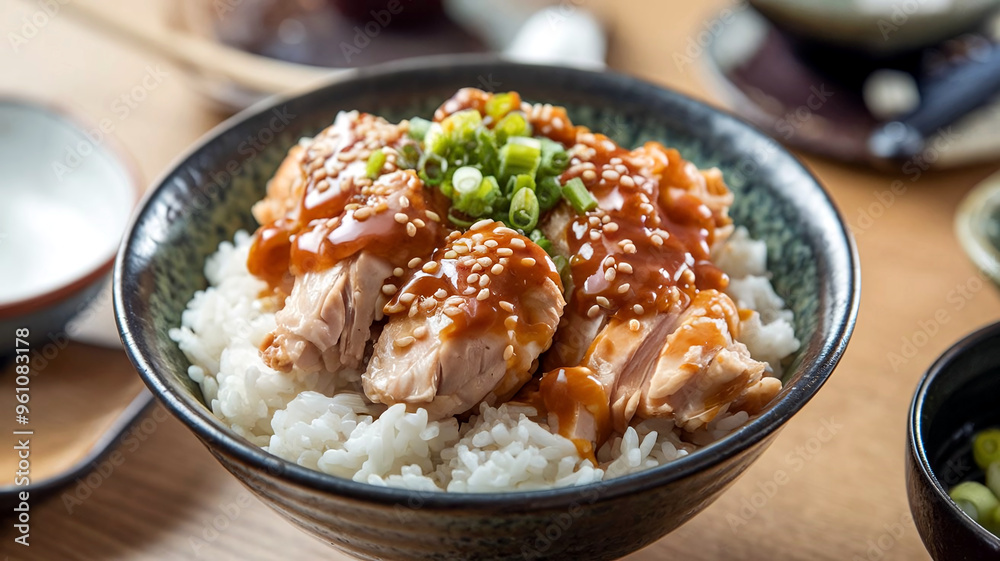 Delicious Japanese Teriyaki chicken served on a bed of rice in a ceramic bowl in a cozy restaurant setting, perfect for food photography. Delicious Japanese Teriyaki chicken served on a bed of rice in a ceramic bowl in a cozy restaurant setting, perfect for food photography.