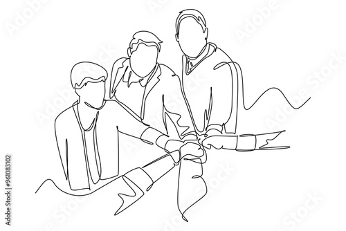 Continuous one line drawing group of young happy male and female business people unite their hands together to form a circle shape. Teamwork unity. Single line draw design vector graphic illustration