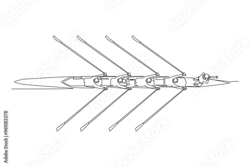 Single continuous line drawing top view businessman leader with binoculars lead business team with rowing boat. Teamwork or support to achieve target. One line draw graphic design vector illustration