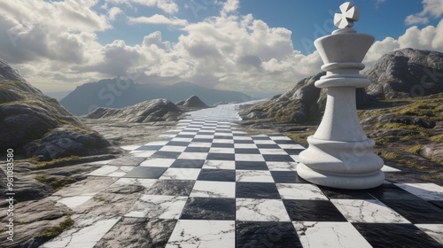 A giant chessboard stretches across a surreal landscape, with a large king chess piece in the foreground. The dramatic sky and mountainous backdrop create a striking visual, perfect for themes of photo